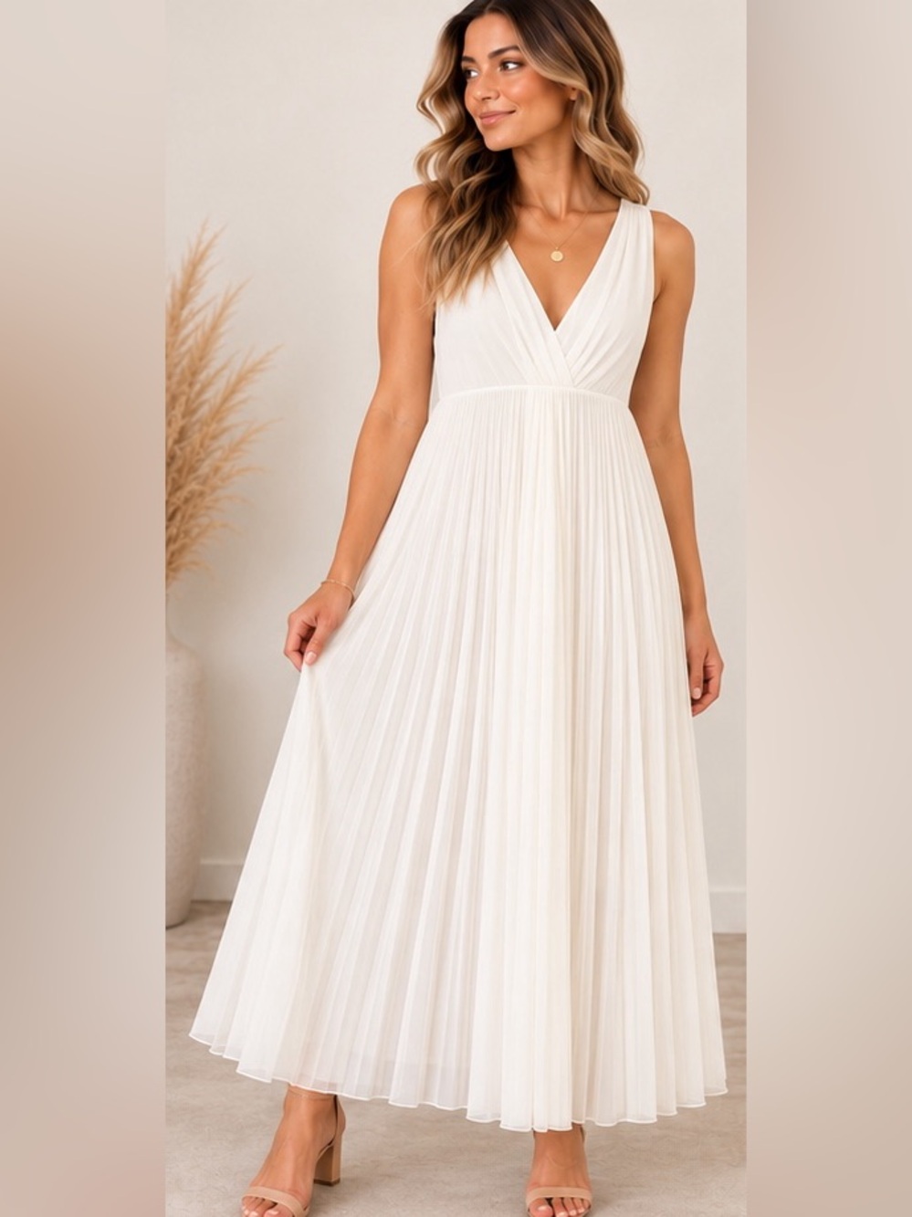 Vince Ivory Pleated V-Neck Maxi Dress
